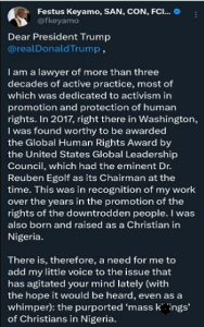 Claims of targeted k!lling of Christians in Nigeria are false âÂ Festus Keyamo says in open letter to Trump