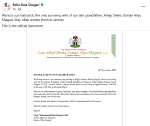 Ex-president Shehu Shagariâs last surviving widow d!es at 89