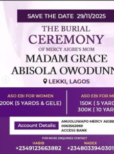 Mercy Aigbe announces burial date for late mum