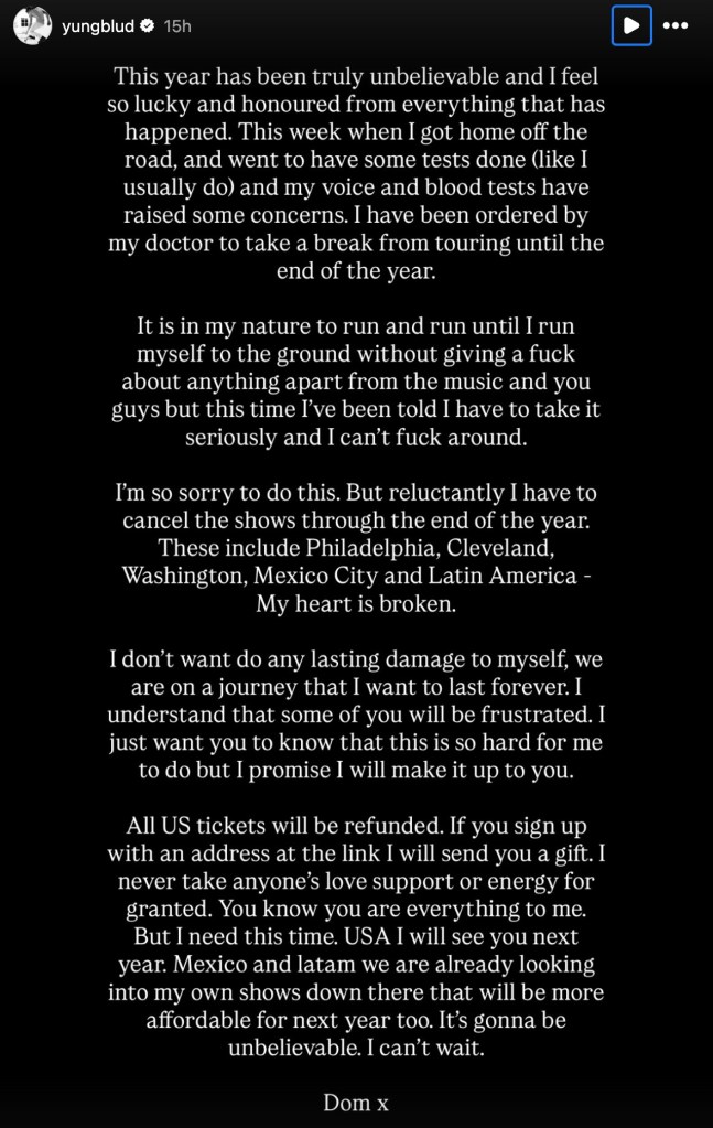 Yungblud Cancels Remainder of 2025 Tour Dates: ‘I Have Been Ordered by My Doctor to Take a Break’