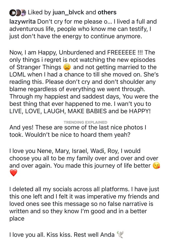 Influencer, Lazywrita leaves emotional note after su!cide