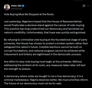 Peter Obi calls out House of Reps members for failing to criminalise vote-buying