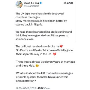 The UK japa wave has silently destroyed countless marriages – Nigerian lawyer says