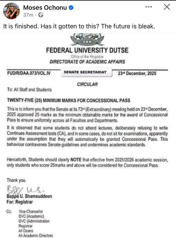 US-based Nigerian professor calls out Federal University Dutse in Jigawa state for reportedly lowering pass marks so students can graduate